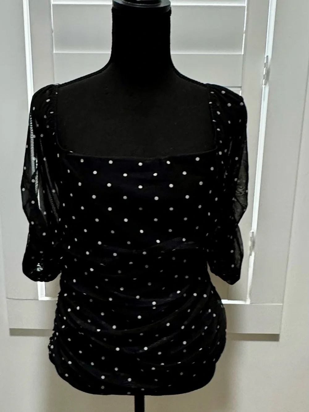 Anthropologie Plus Black Polka Dot Square-Neck Blouse